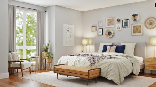 Et lækkert soveværelse med flotte møbler